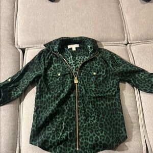 Green Leopard Print Zip-Up Shirt